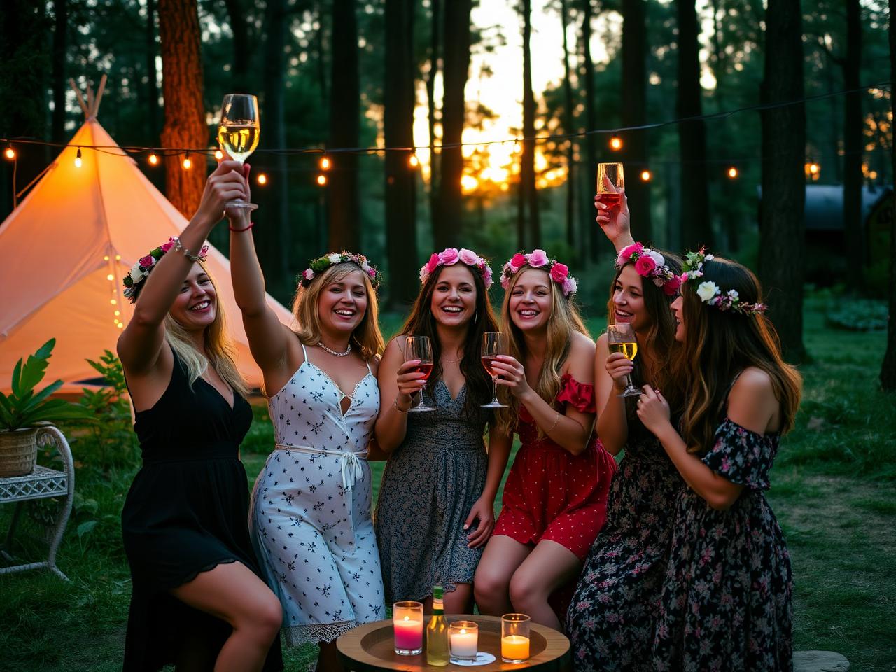 Groupe de femmes célébrant un EVJF festif au camping Les Tourterelles en Dordogne